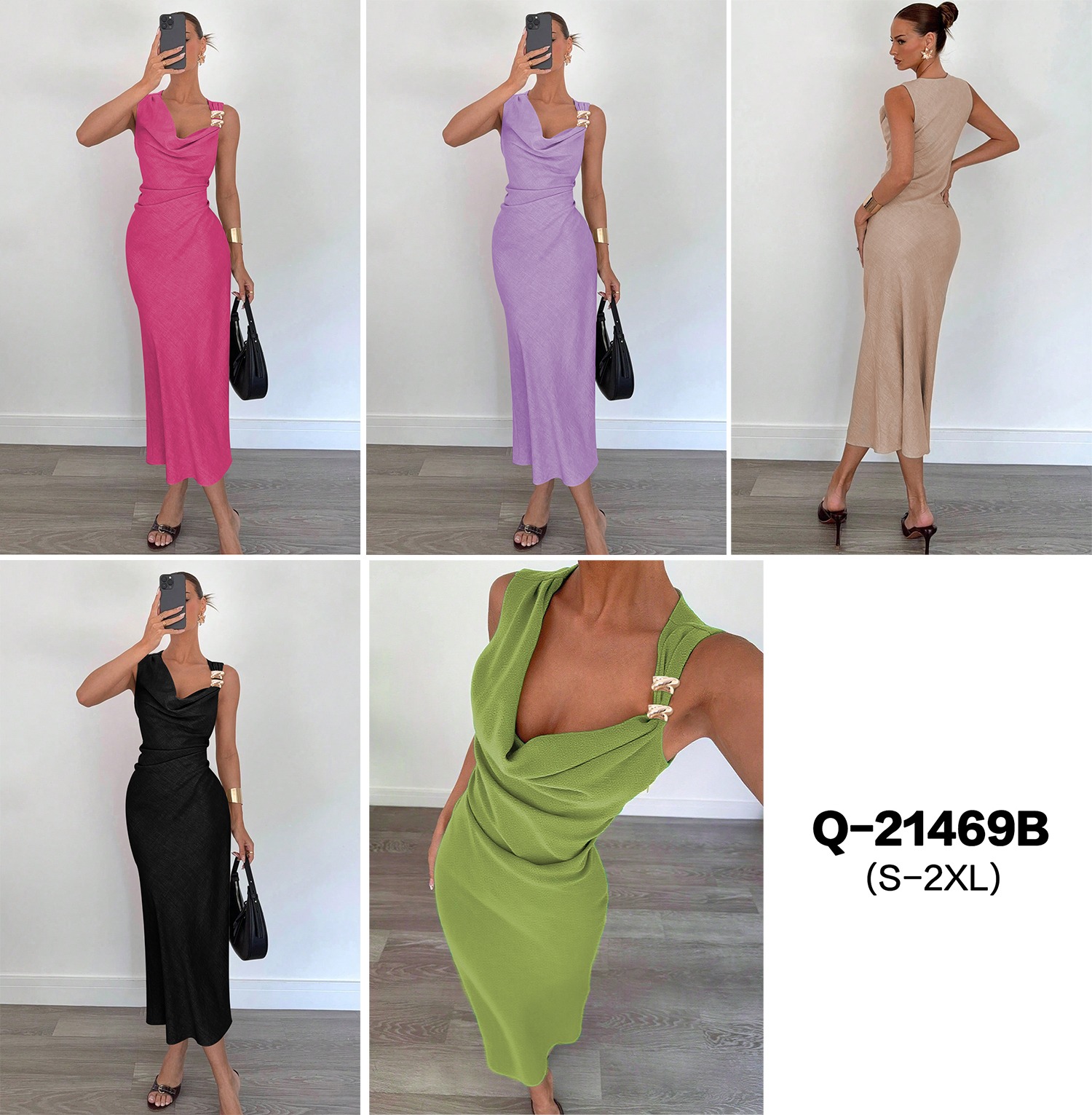 Sleeveless Draped Midi Dress with Gold Chain Straps