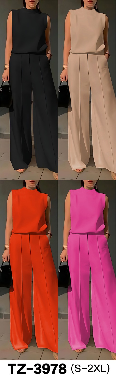 High-Neck Sleeveless Top with Matching Wide-Leg Pants