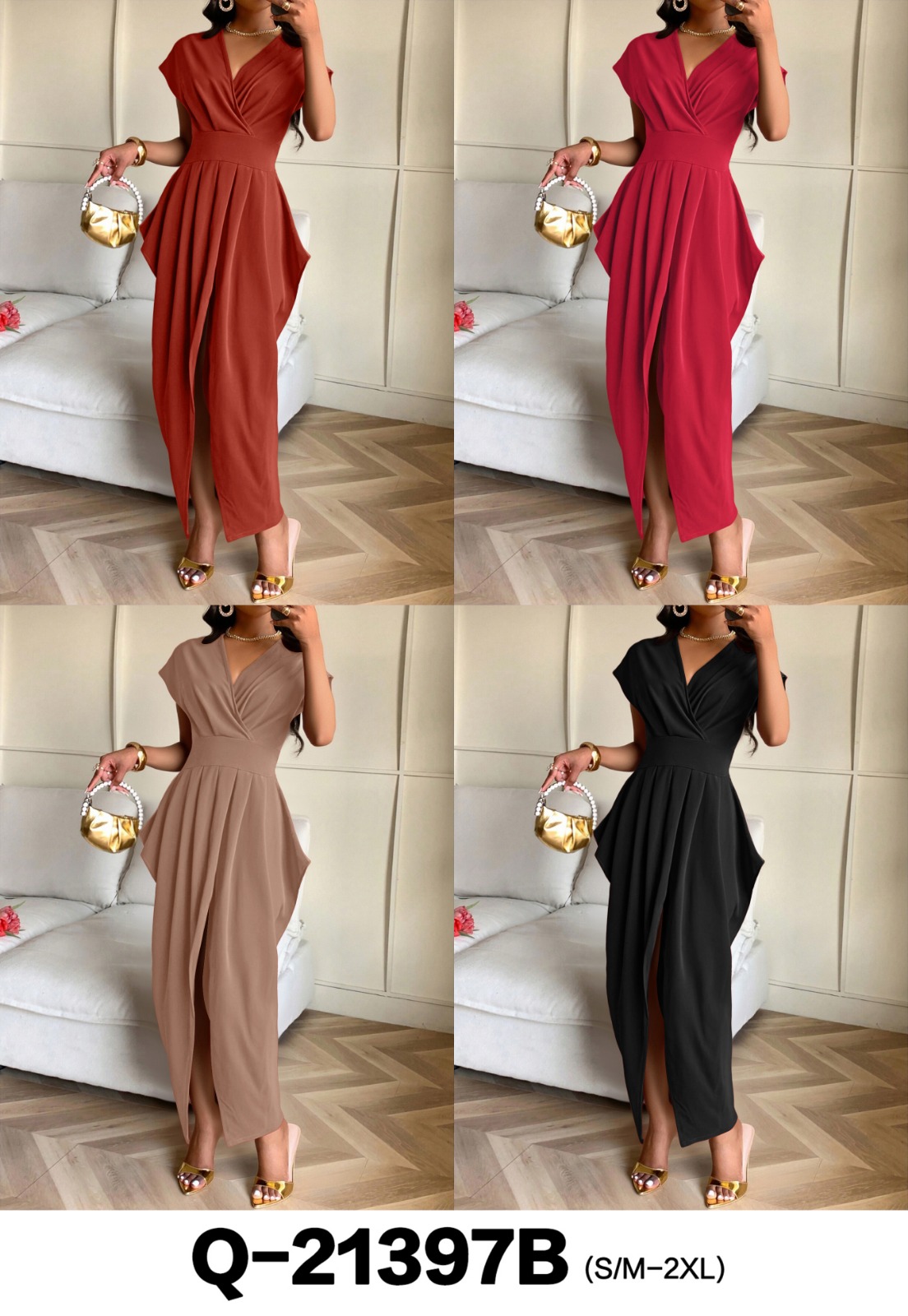 Cap-Sleeve Draped Pleated Wrap Dress