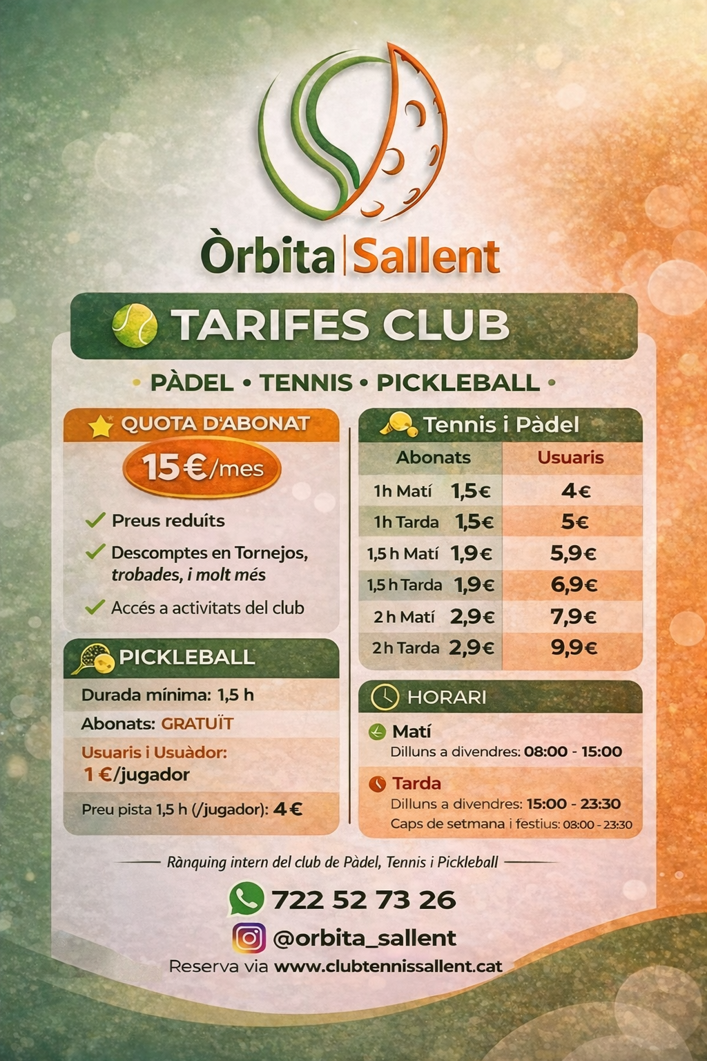 Cartell de tarifes del club Òrbita