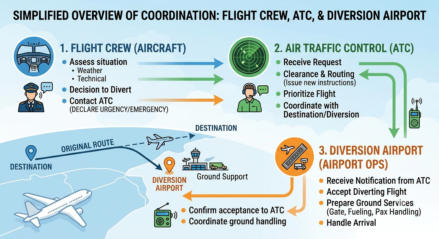 Steps followed by pilots and Air Traffic Control during an emergency diversion