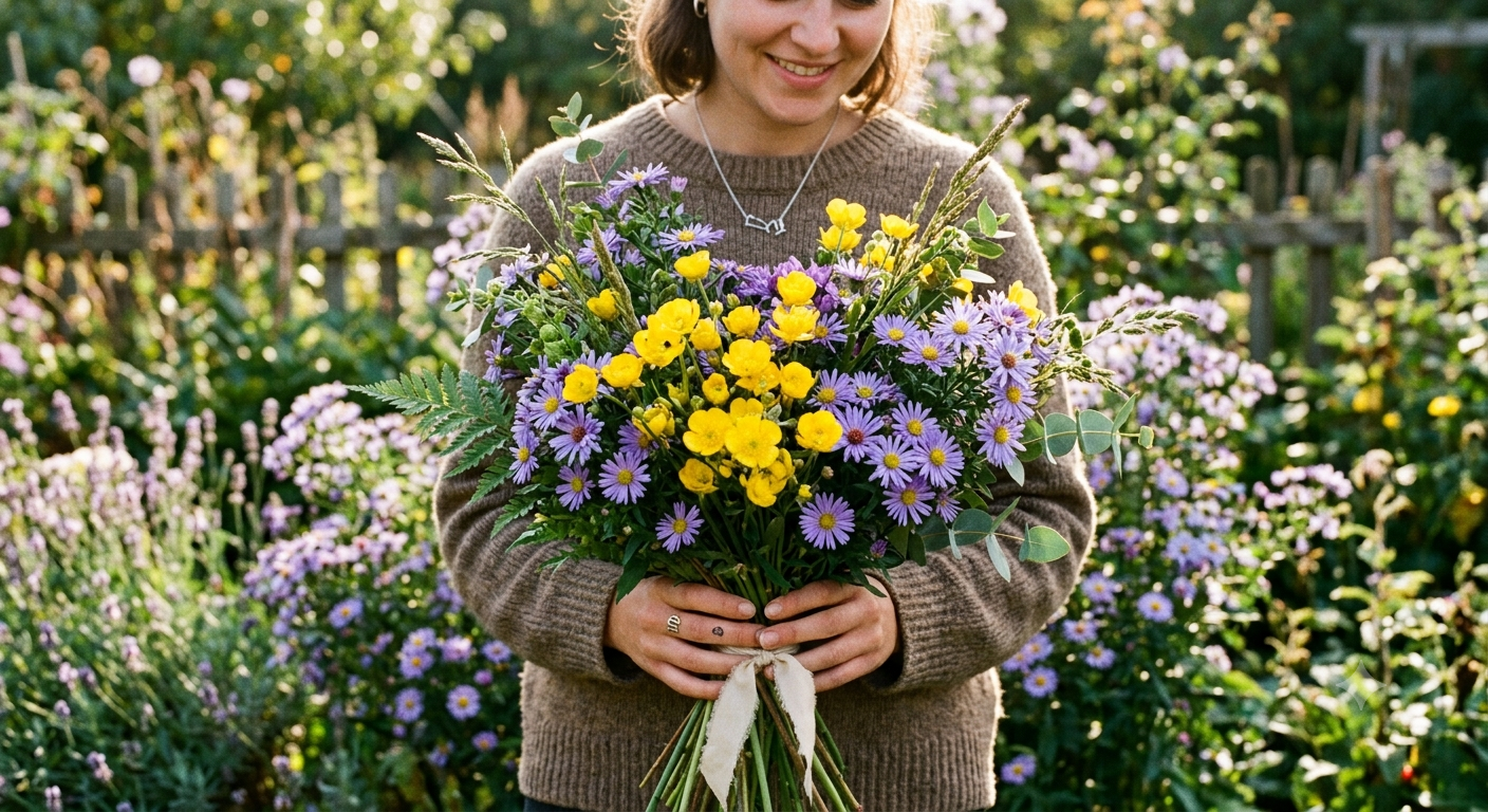 Virgo horoscope flower infographic showing yellow buttercups and purple September asters