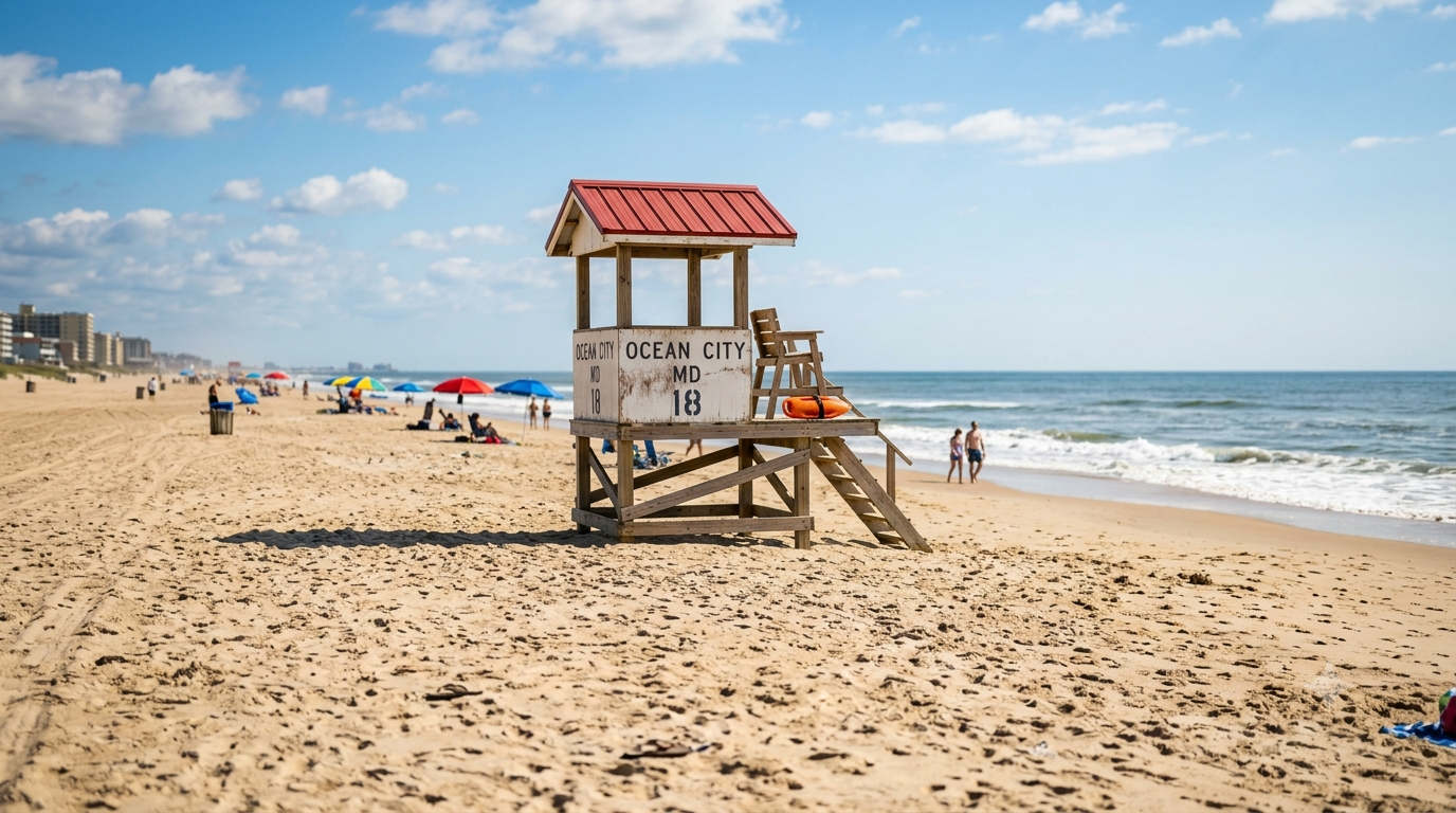 Wide sandy beach in Ocean City Maryland with a lifeguard stand