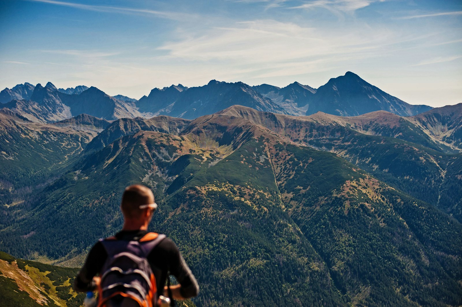 A person standing on a green hillside looking out over a valley