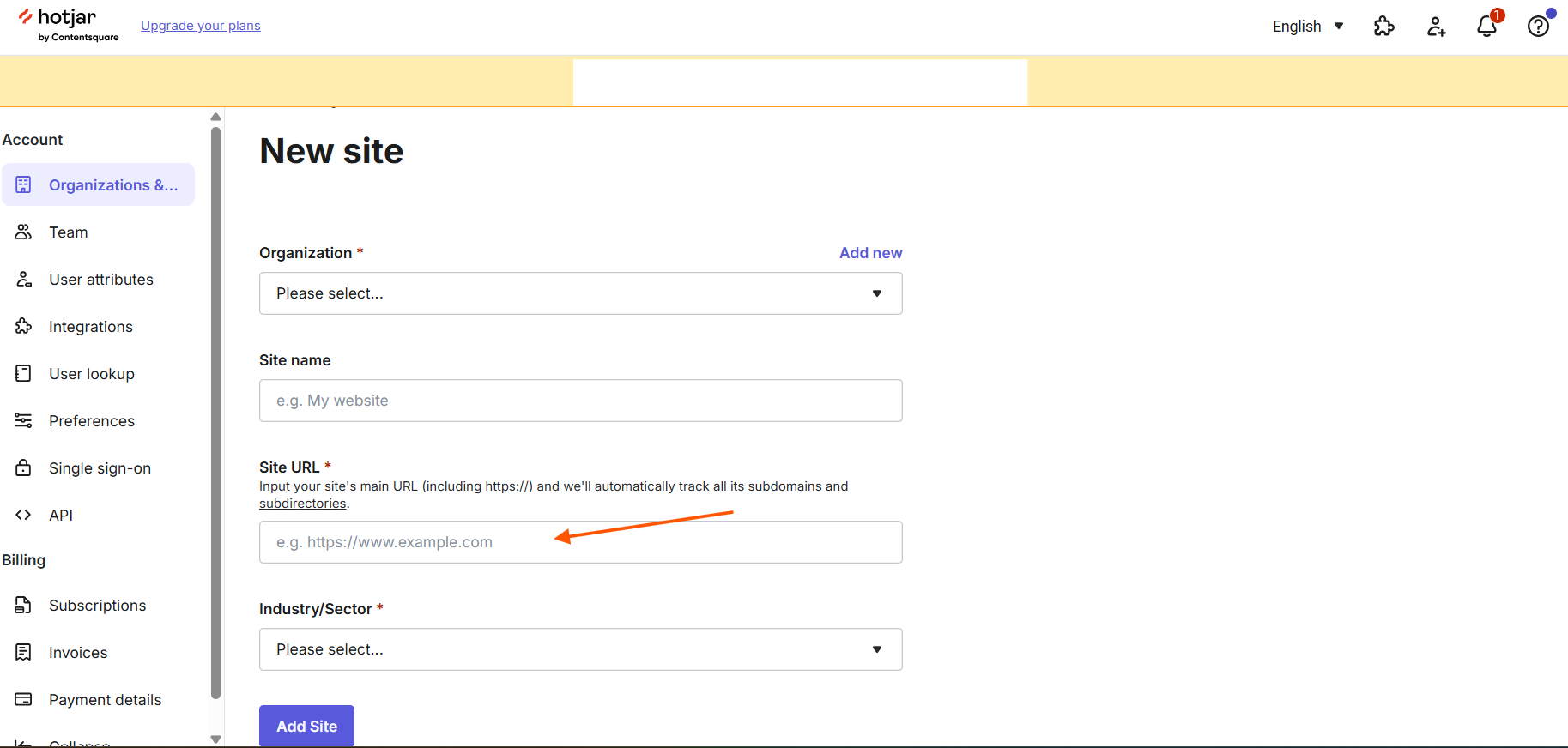This image is a screenshot from the Hotjar website. It displays a form to create a site.