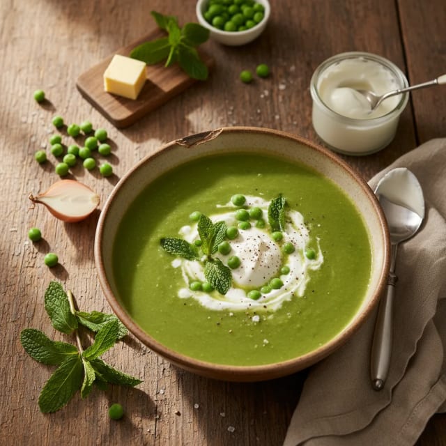Ärtsoppa med spearmint och crème fraiche