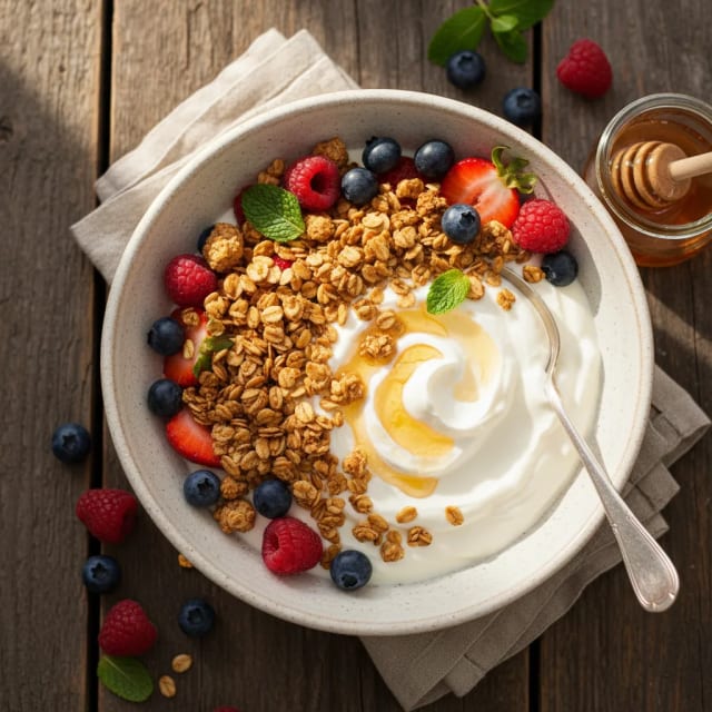 Kvarg med hemgjord nötgranola och rå rå rå rå rå rå rå rå rå rå rå rå honung