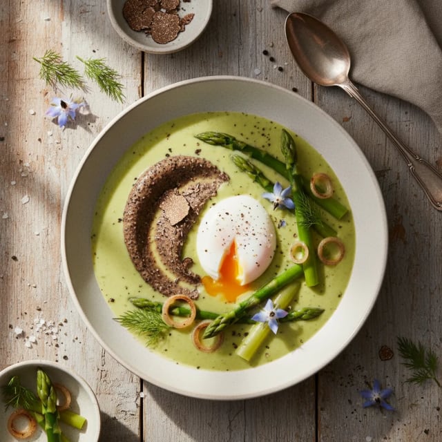 Sparrisvelouté med Pocherat Ägg och Tryffelcreme