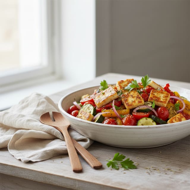 Medelhavssallad med Halloumi och Rostade Grönsaker