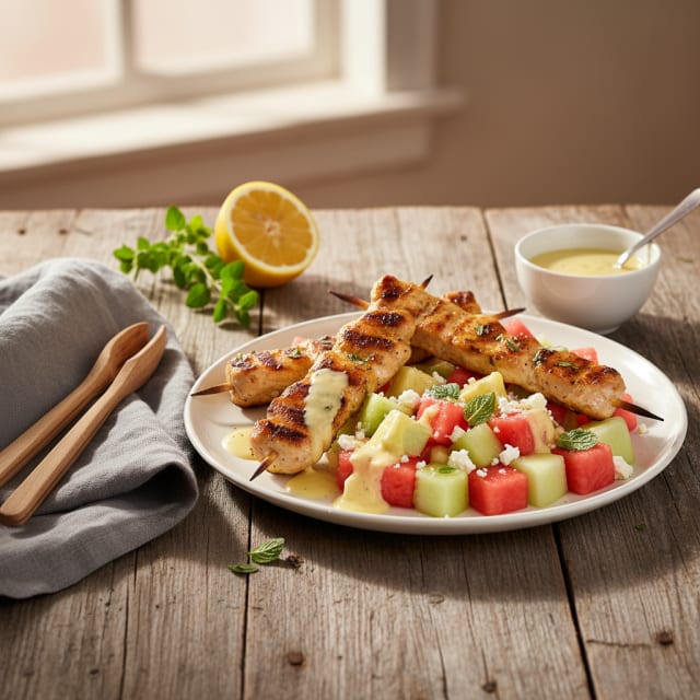 Saftiga kycklingspett med söt melonsallad och syrlig citrondressing