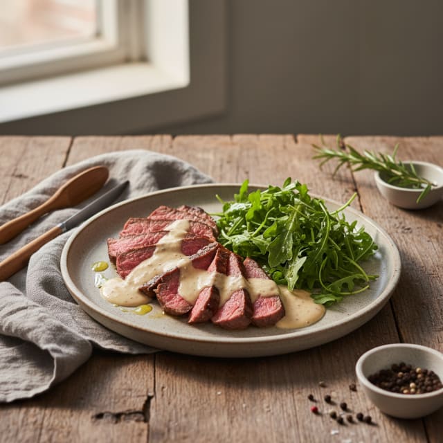 Tagliata på biff med krämig sås av rostad vitlök