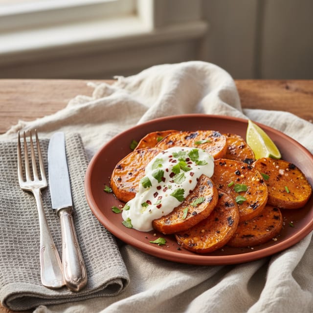 Sötpotatis från grillen med het chili och svalkande gräddfil