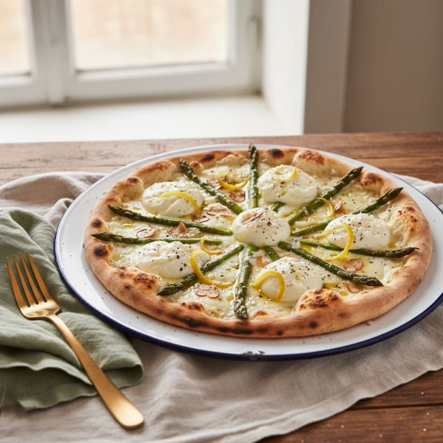 Sommarpizza från grillen med sparris, citron och krämig burrata