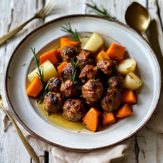 Ugnsbakade Köttbullar med Rosmarinrostade Rotfrukter