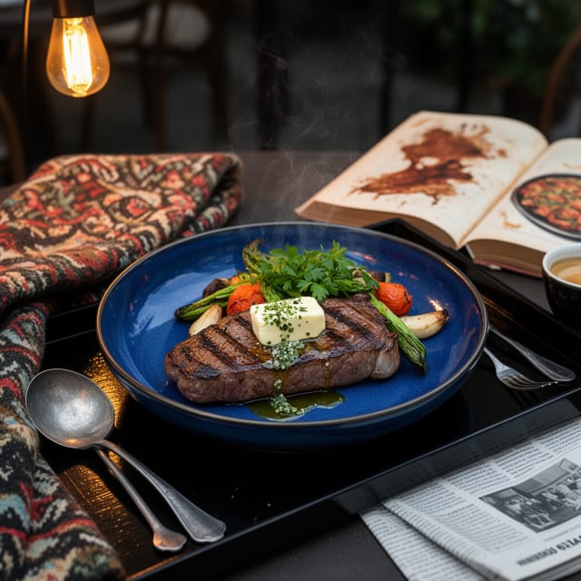 Grillad entrecôte med örtsmör och grillade primörer