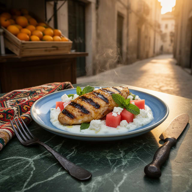 Grillad kyckling i yoghurt och citron med fetaost- och vattenmelonsallad
