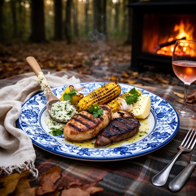 Grillad kyckling och flank steak med kolgrillad majs och örtsmör
