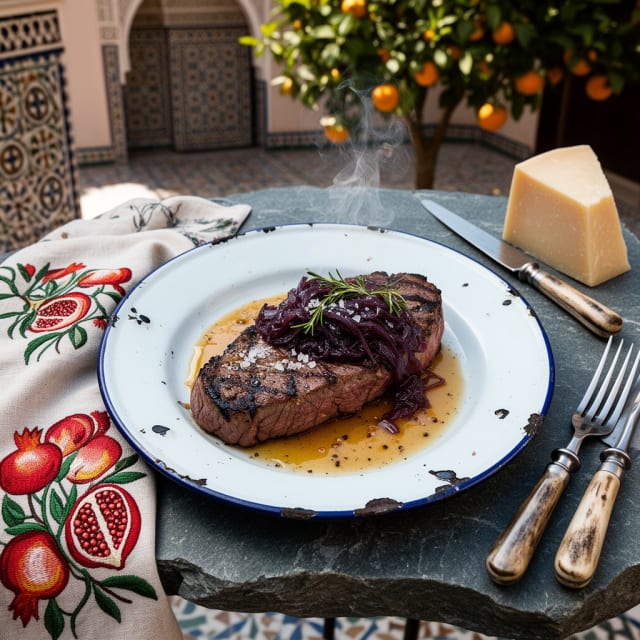 Grillad picanha med rökt lökmarmelad och brynt smörsås