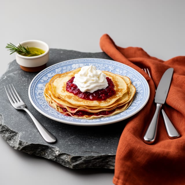 Fluffiga svenska tunna pannkakor med sylt och grädde
