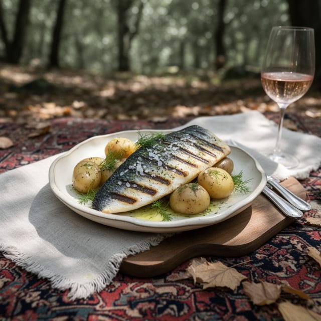 Grillad fjällröding i folie med brynt dillsmör, pepparrot och färskpotatis