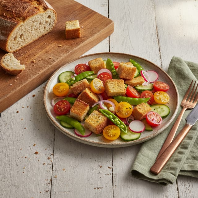 Surdegspanzanella med svenska sommargrönsaker