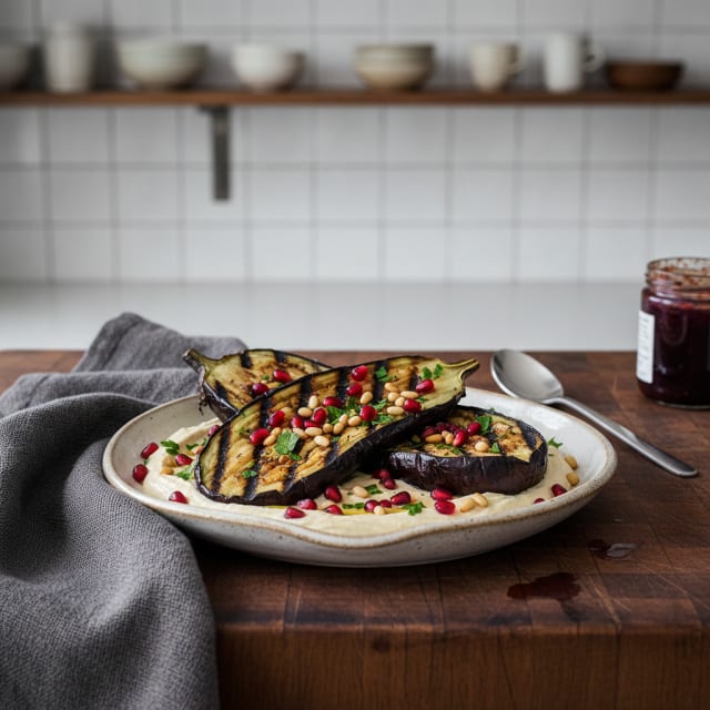 Kolgrillad aubergine på tahinikräm med granatäpple och rostade pinjenötter