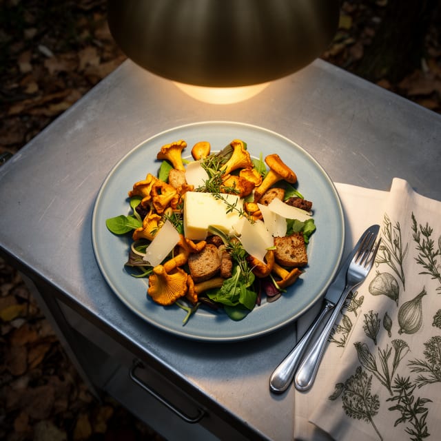 Ljummen kantarellsallad med brynt smör, timjan och krutonger på surdeg