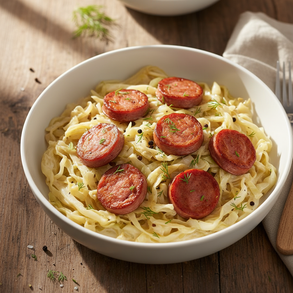 Gräddstuvad Vitkål med Falukorv