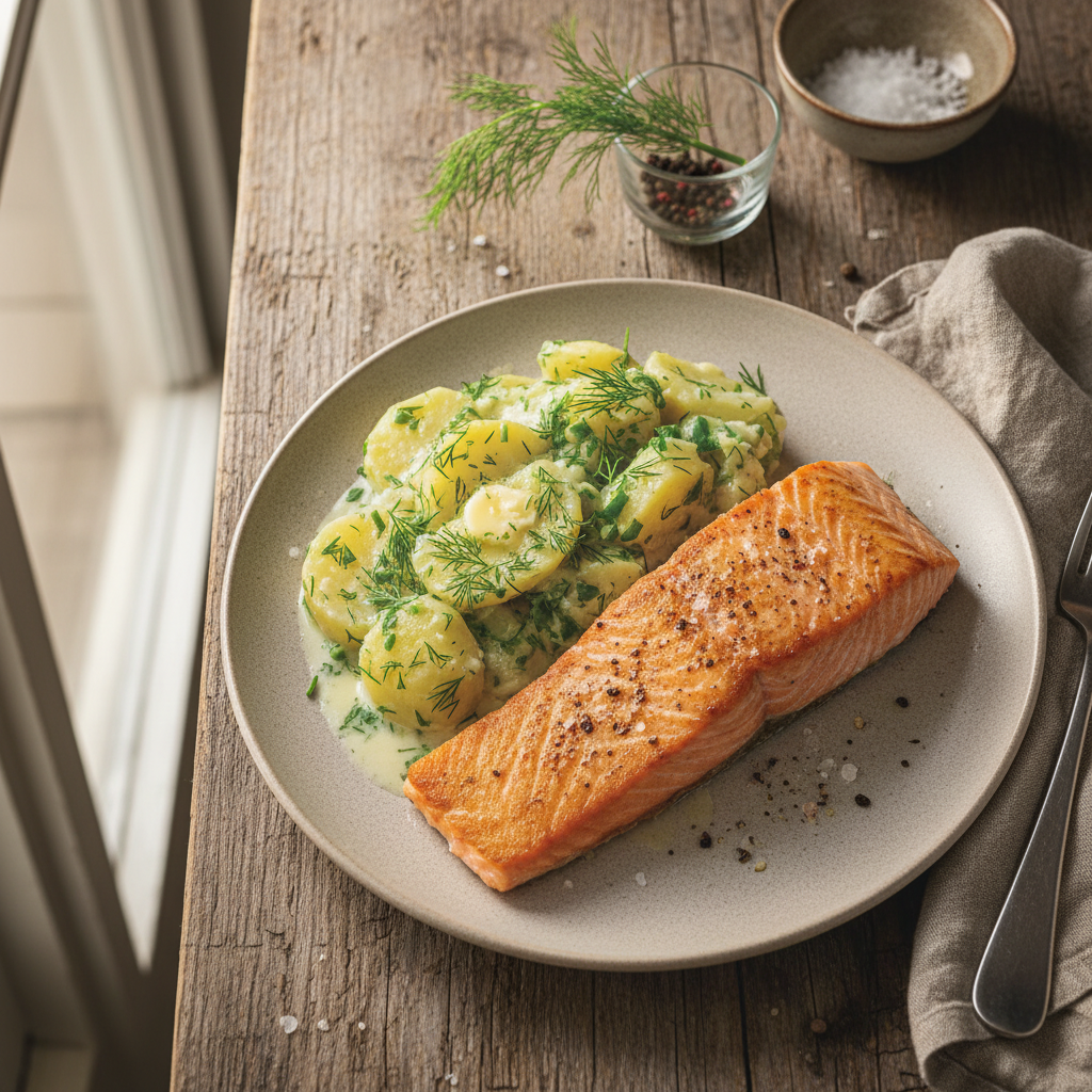 Stekt Lax med Dillstuvad Potatis