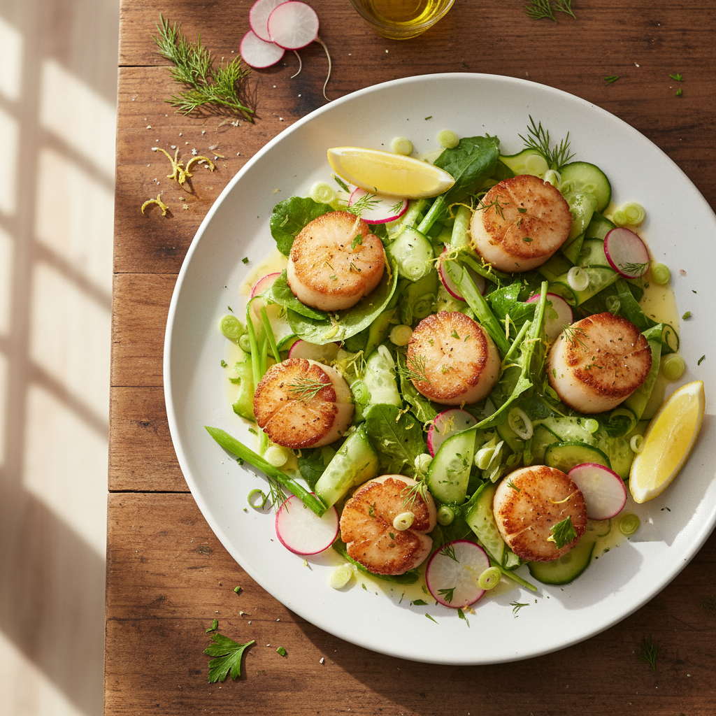 Sotade Kammusslor med Frisk Yuzudressing och Krispig Sallad