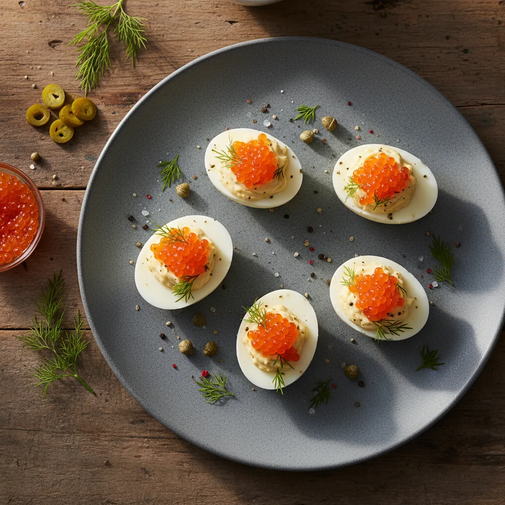 Ägghalvor à la Russe med Forellrom och Micro-dill