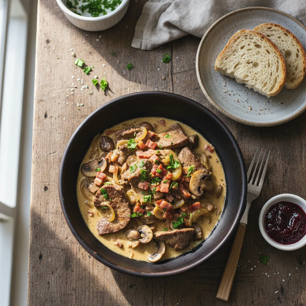 Krämig Levergryta med Svamp och Bacon