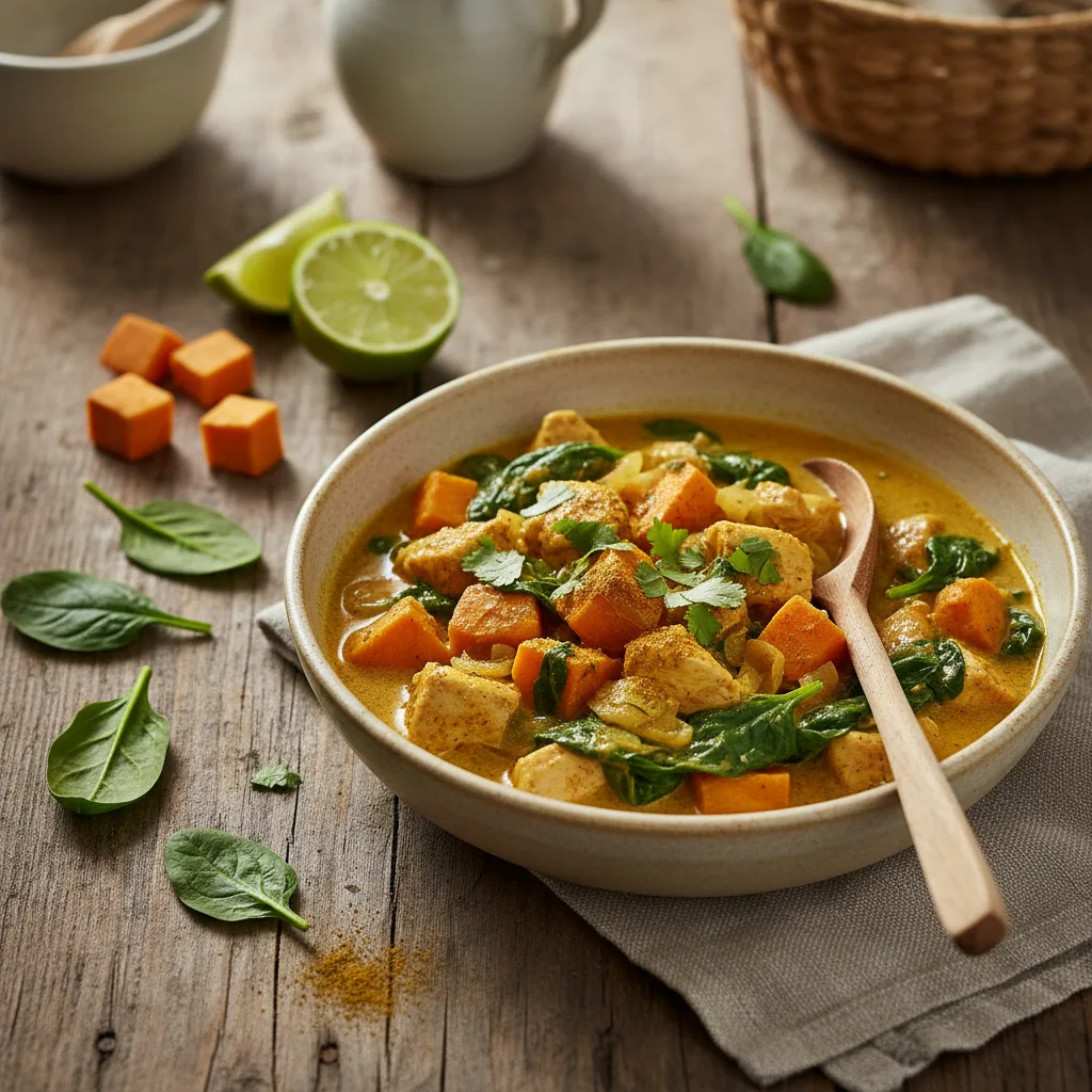 Kycklinggryta med sötpotatis och spenat