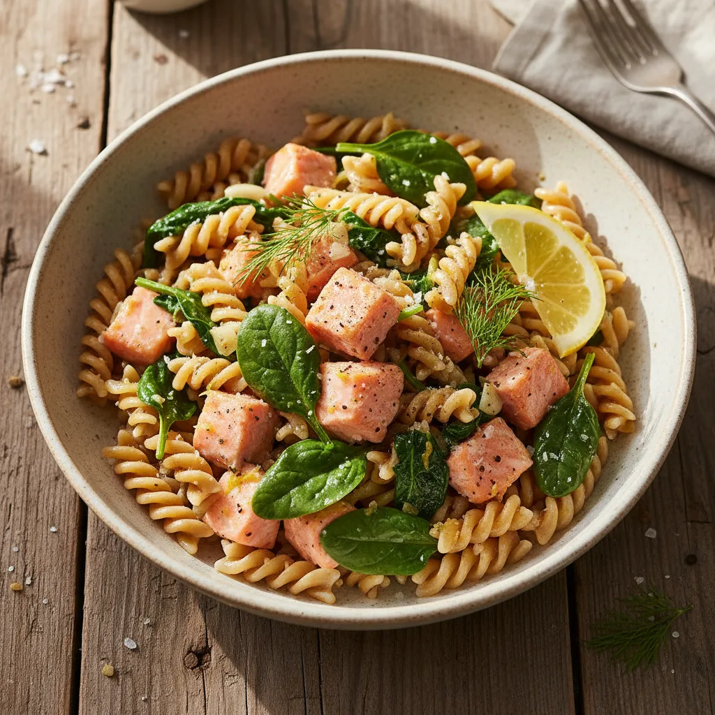 Laxpasta med spenat och citron