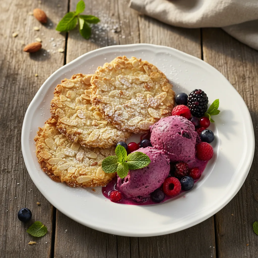 Mandelflarn med bärsorbet