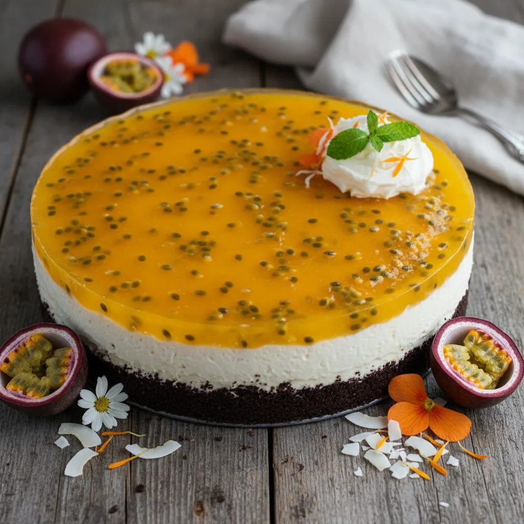 Passionsfrukt- och kokosmoussetårta