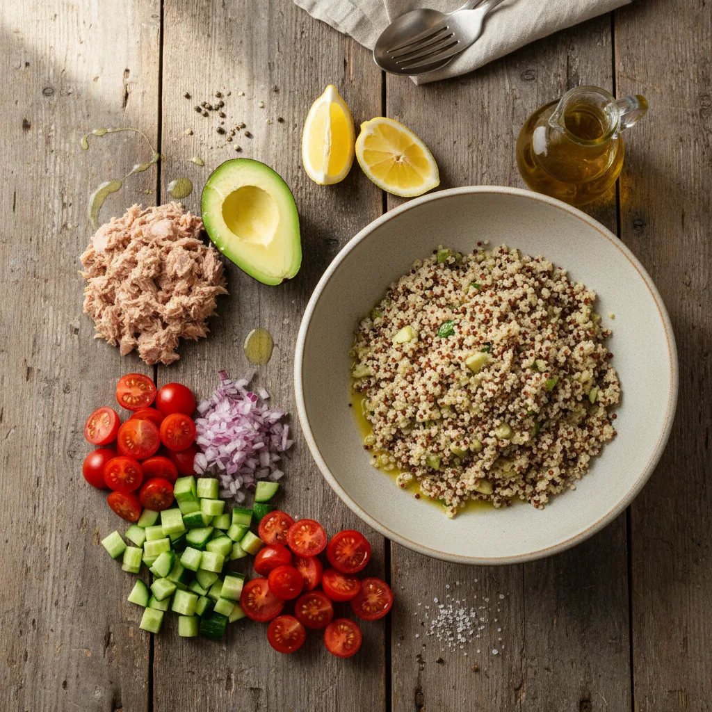 Tonfisk-avokadoskål med quinoa