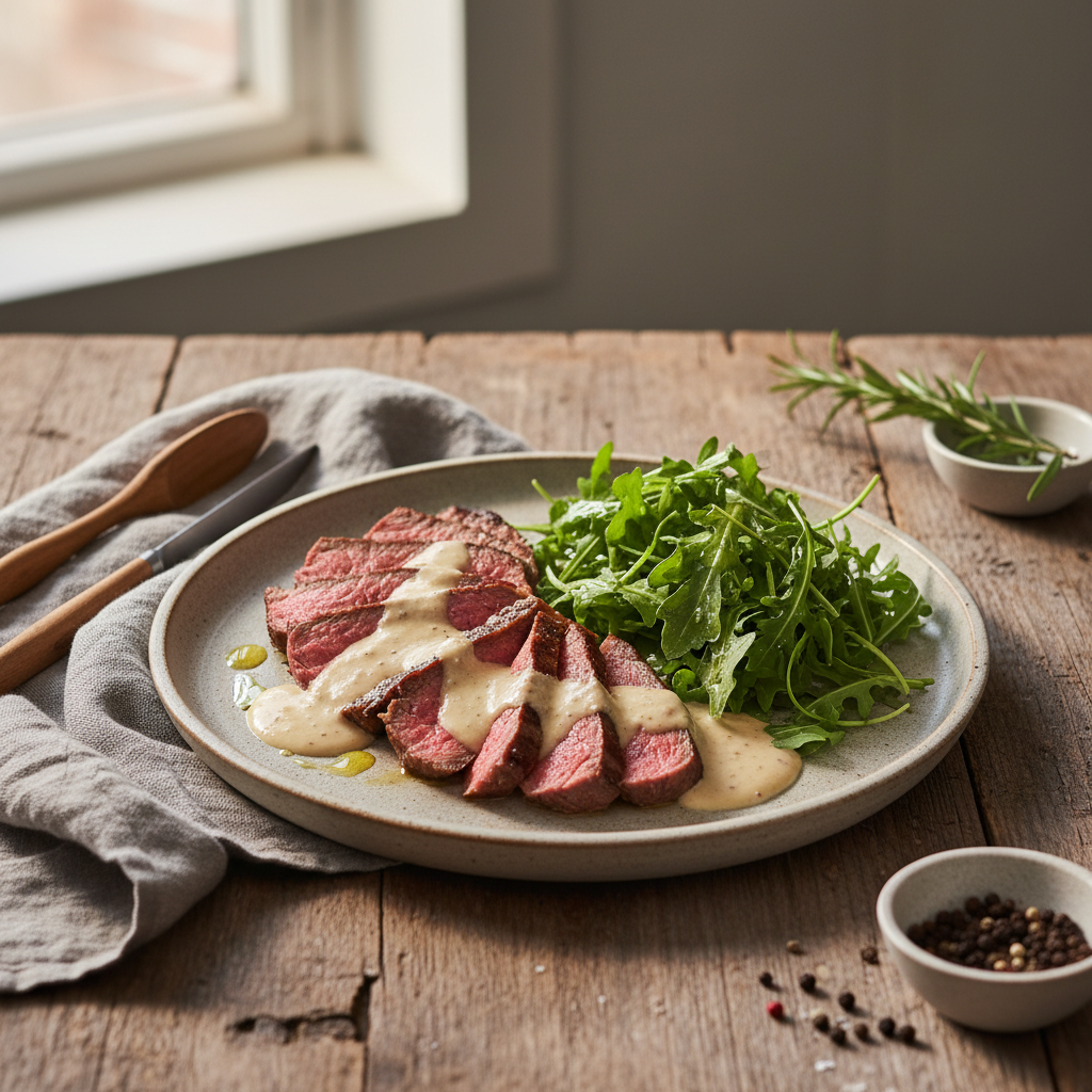 Tagliata på biff med krämig sås av rostad vitlök