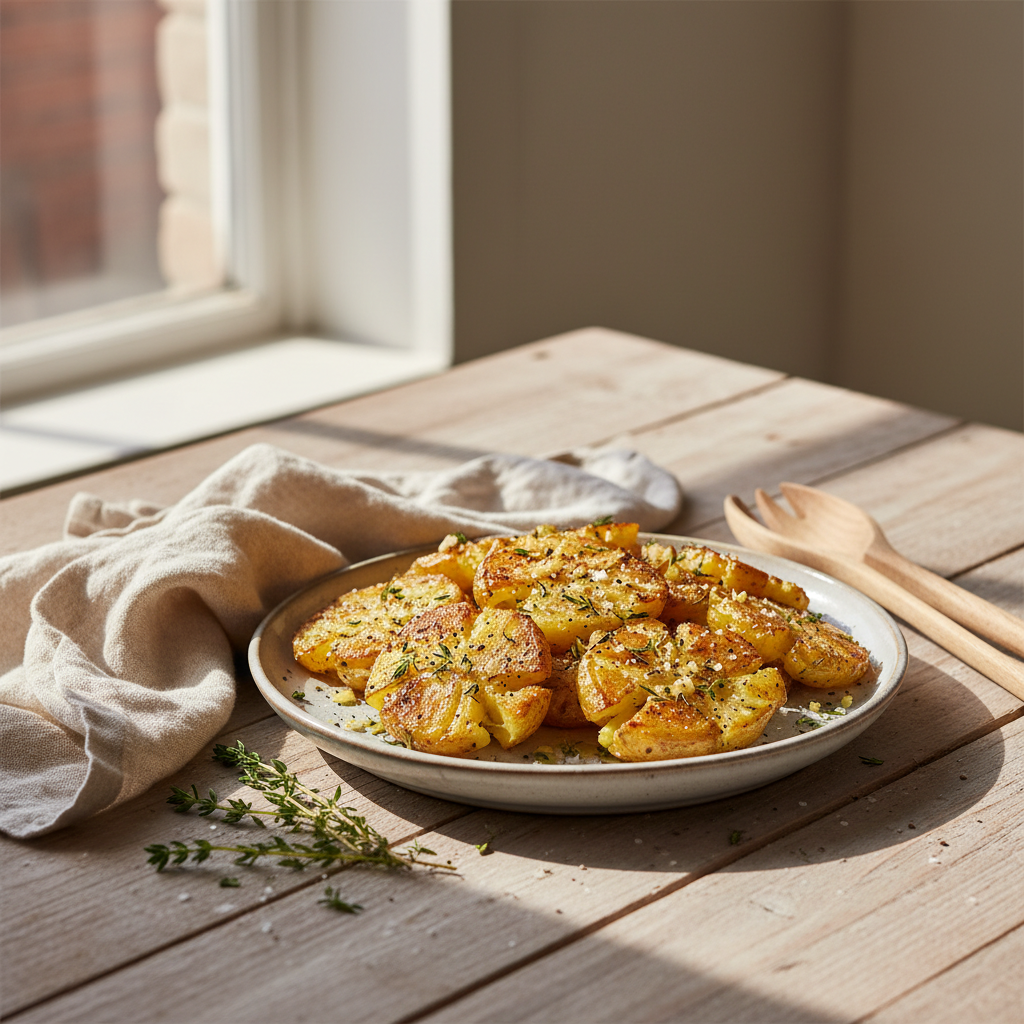 Ugnsrostad krossad potatis med vitlök och färsk timjan