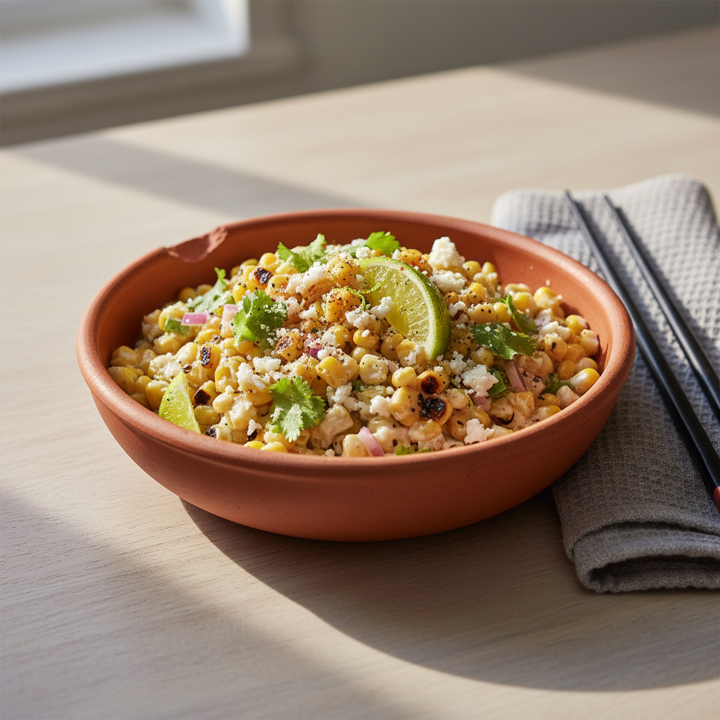 Krämig mexikansk majs i skål med chili och lime