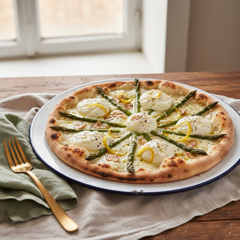 Sommarpizza från grillen med sparris, citron och krämig burrata