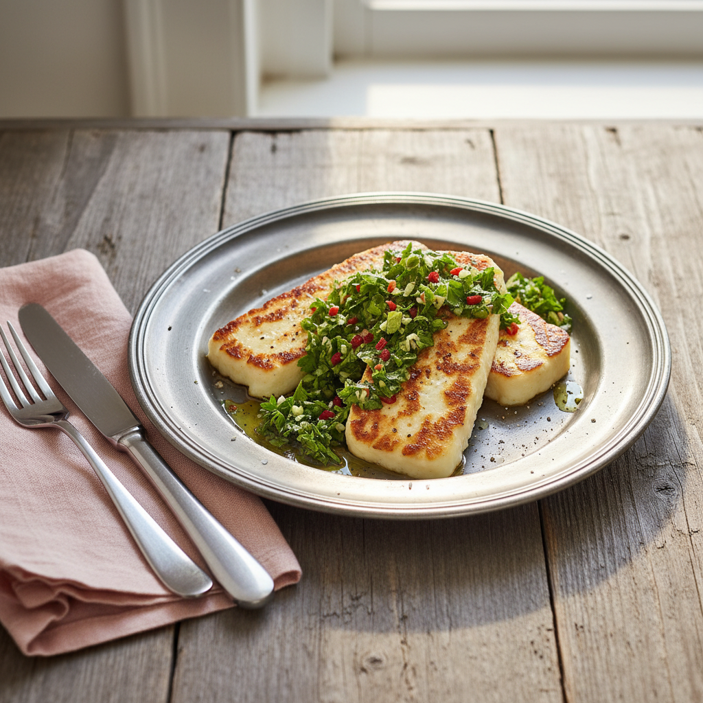 Grillad halloumi toppad med hemgjord ört-chimichurri