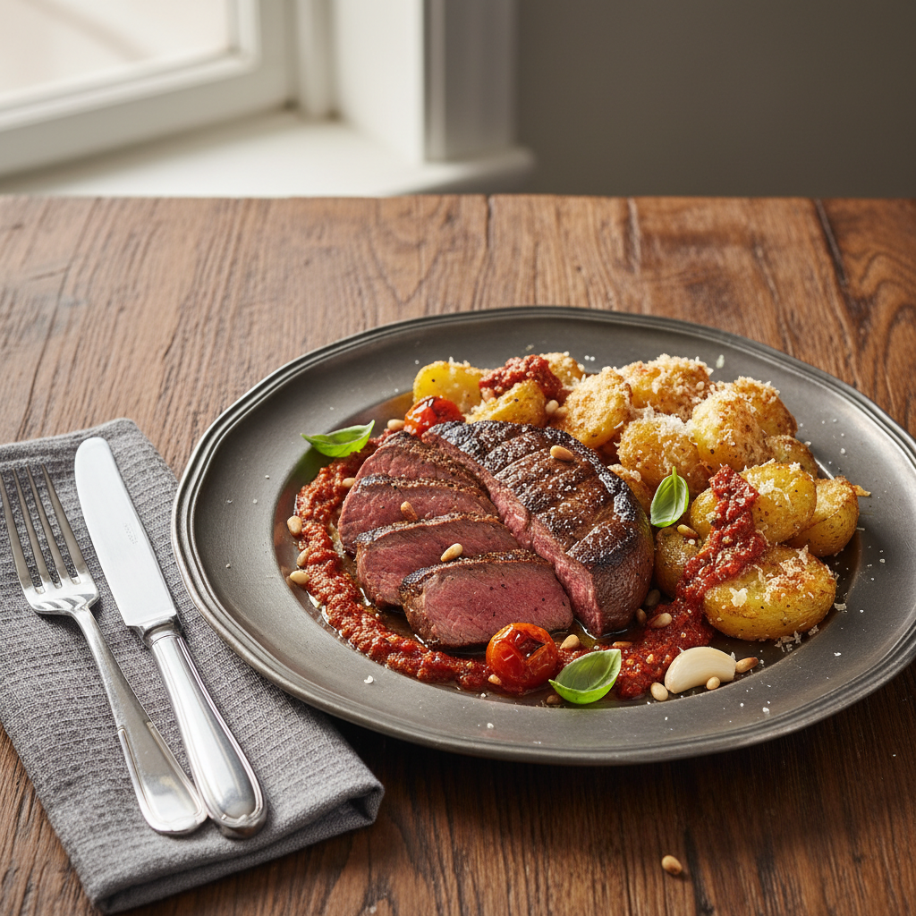 Helgrillad oxfilé med krispig parmesanpotatis och pesto rosso