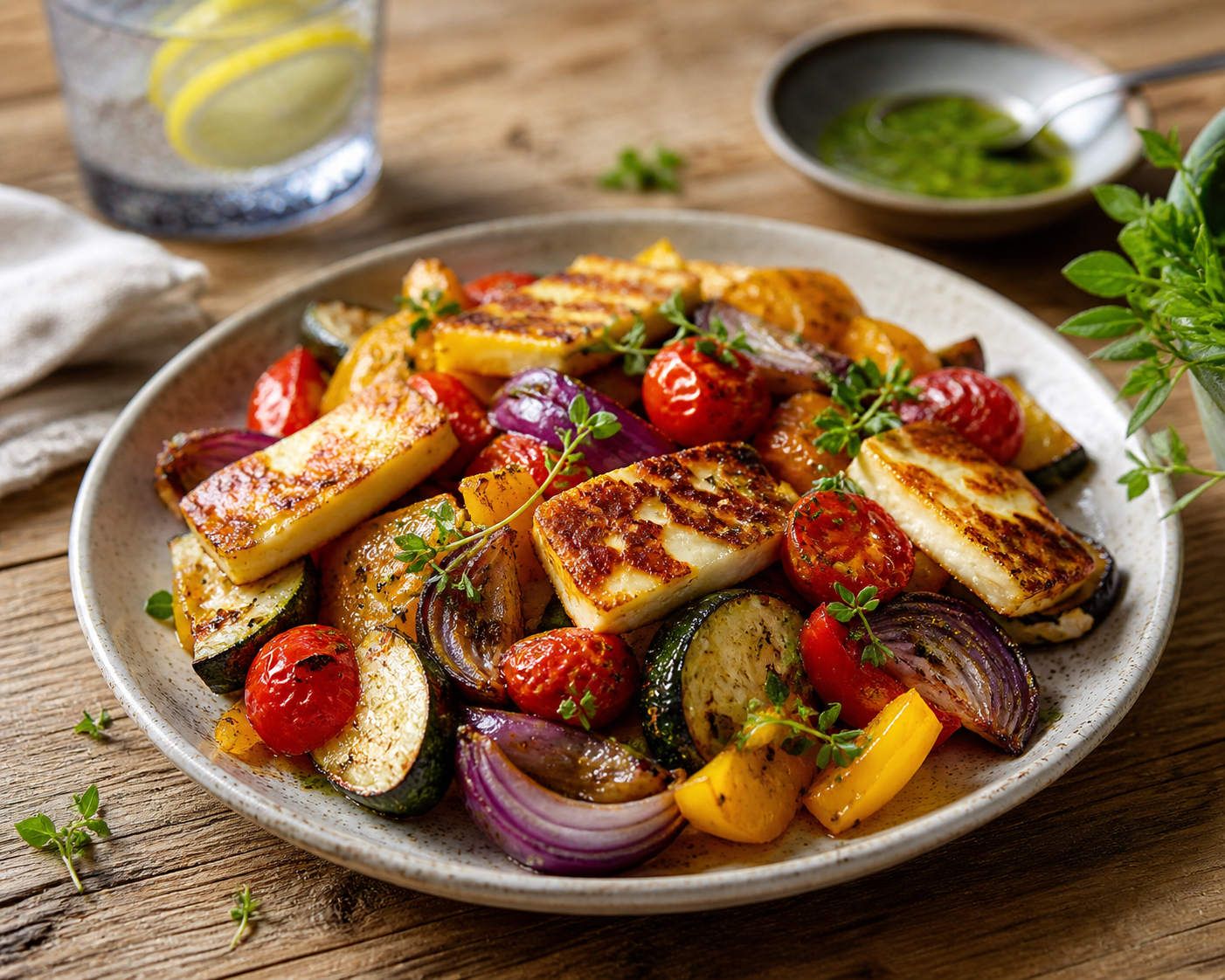 Vegetarisk plåt med rostad halloumi och medelhavsgrönsaker