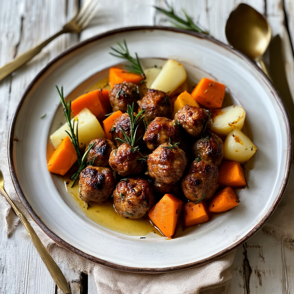 Ugnsbakade Köttbullar med Rosmarinrostade Rotfrukter