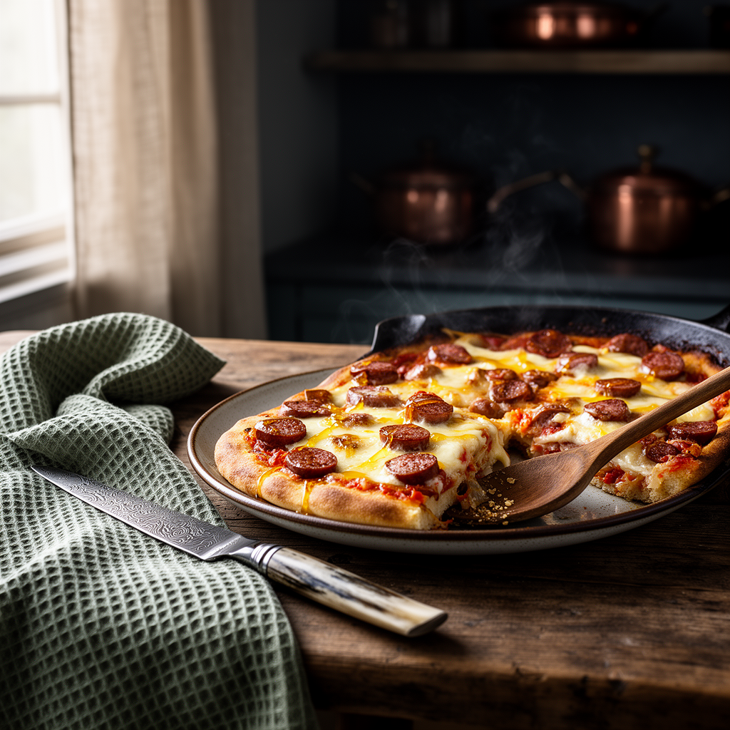 Långpannepizza med fänkålskorv och tryffelhonung