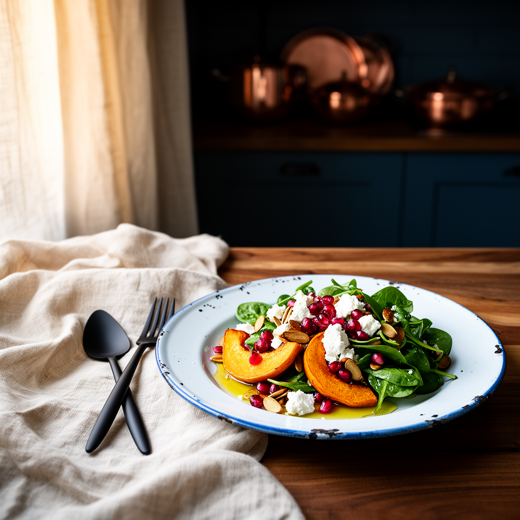 Höstsallad med rostad pumpa, fetaost och granatäpple
