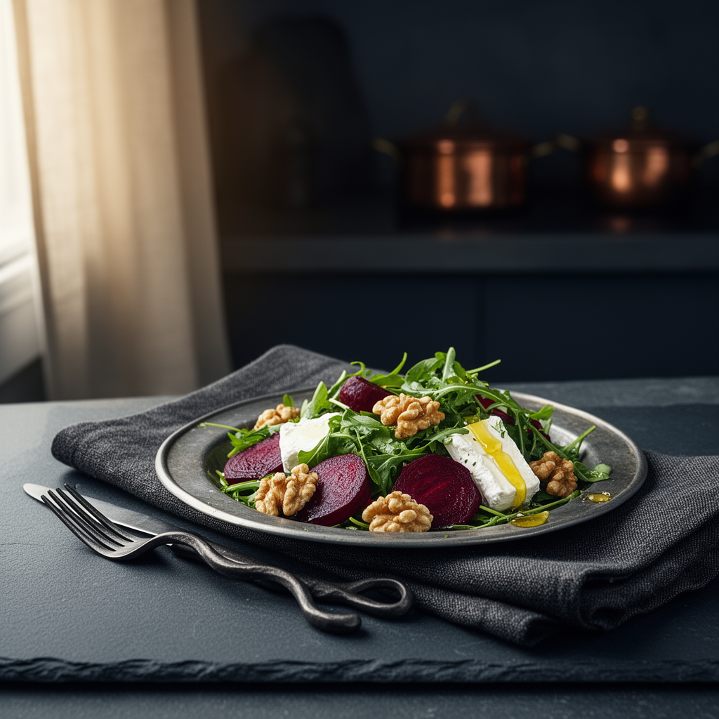 Rödbets- och getostsallad med honungsrostade valnötter