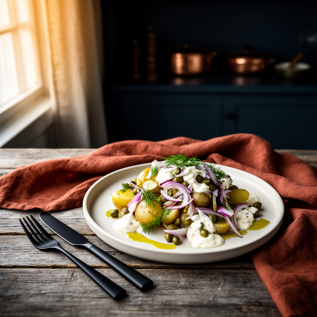 Svensk potatissallad med dill, kapris och senapscrème