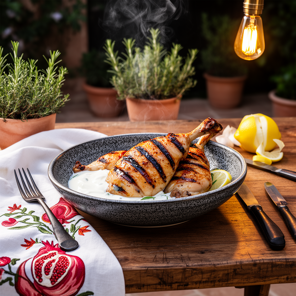 Grillade kycklinglårspett med yoghurt och citron